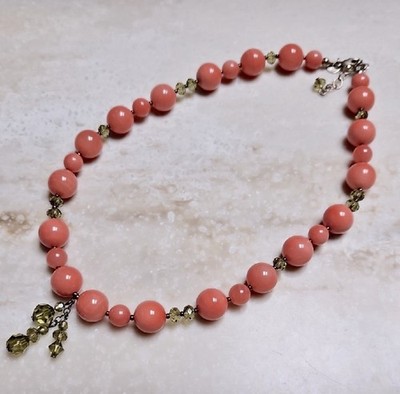 Emily Ray 925 Coral Bead Necklace With Faux Peridot Green Charm NWOT