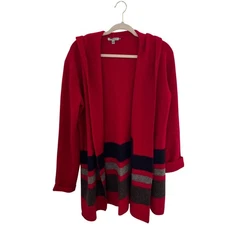 Toad&Co Lambswool Cardigan Womens Large Red Hooded Striped Sweater Outdoor Cabin