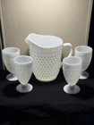 Vintage Anchor Hocking  Milk Glass Hobnail Pitcher & 4pc Cup Set - See Notes