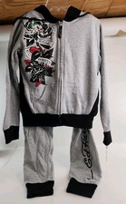 NWT Ed Hardy Black Rose Gray Cropped Hoodie  Pants Set Size S Top/ M Bottom.