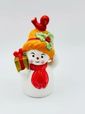 Vintage Napco Christmas Ceramic Snowman Bell Figurine Red Bird Scarf Japan 1960s