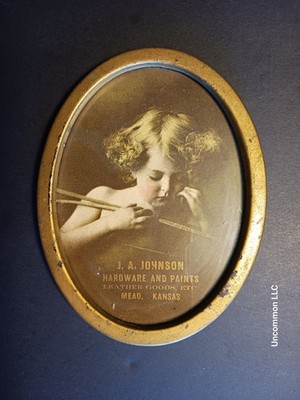 Antique c 1900 Oval Framed Ad Johnson Hardware Meade Kansas Young Blond Girl