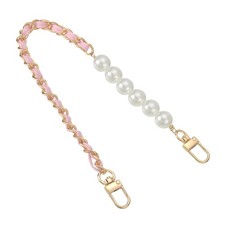 Leather Wristlet Strap 14" Imitation Pearl Short Wrist Purse Pink Gold