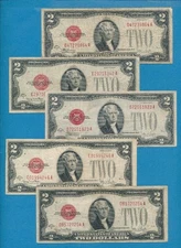 5-$2.00 1928 MIXED  RED SEAL  LEGAL TENDERS AVERAGE CIRCULATED DEALERS LOT
