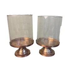 VTG Brass Pedestal Tabletop Hurricane Ripple Glass Pillar Candle Holder Pair
