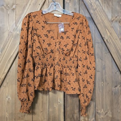 Mine Women s Rust Floral Smocked Peplum Blouse Size L Long Sleeve Boho Top