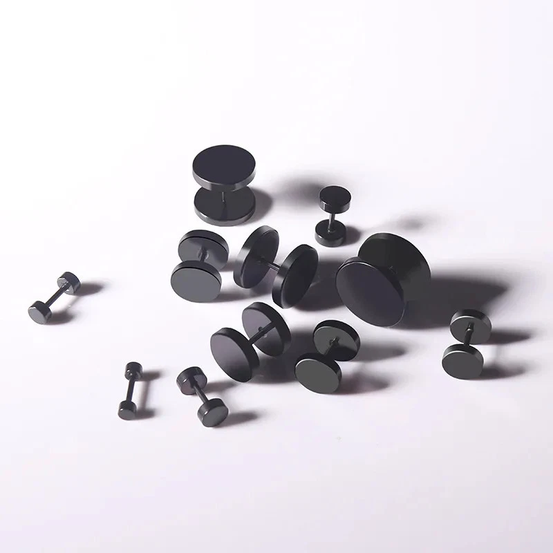 Black Round Stud Earrings Stainless Steel Minimal Shape Piercing Men Jewelry - Image 4 of 4