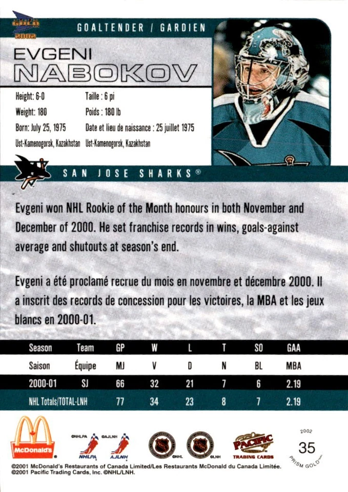 2001-02 Pacific Prism Gold McDonald's #35 Evgeni Nabokov San Jose Sharks - Image 2 of 2