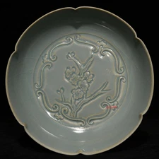 7.4" china retro song dynasty ru kiln porcelain plum blossom flower mouth plate