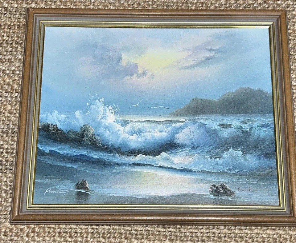 Framed Paint Of Seagulls & Seascape On Wood - Signed. Breaking Waves / Ocean - image 2 of 4