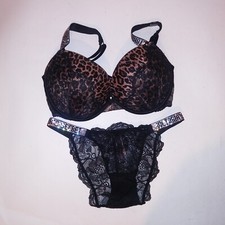 Victoria Secret Bra Set 32DDD Push Up Small Panty Shine Strap Leopard Black New