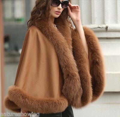 Real Cashmere Cape Cloak Coat Fox Fur Trim Poncho Wraps For