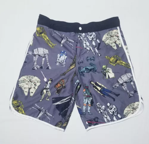 STAR WARS Men's M R2D2 Mandalorian Chewbacca Gray Print Swim Trunks Board Shorts