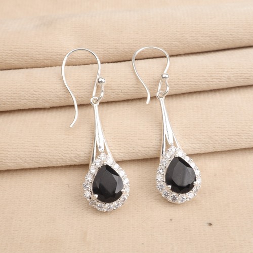 Black Onyx Gemstone 925 Sterling Silver Jewelry Zircon Drop/Dangle Earrings1.86" - Picture 6 of 12