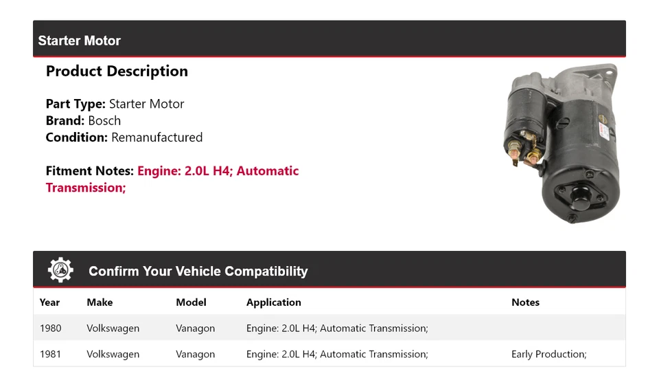 Arranque Bosch 2,0 L H4 1980-1981 Volkswagen Vanagon (remanufacturado) Foto 2 de 4