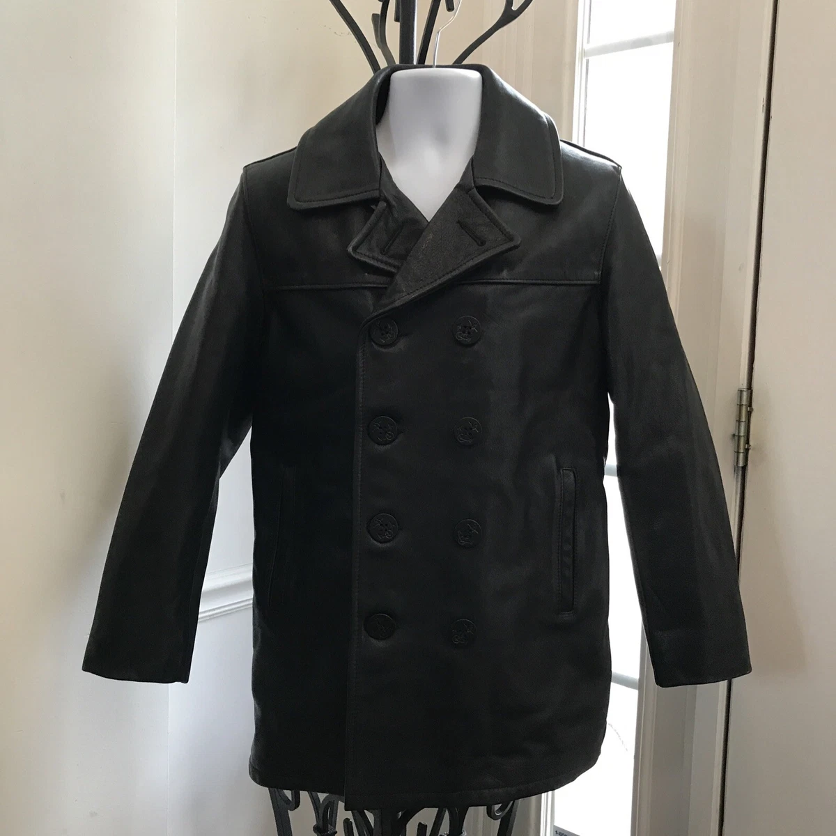 Rare Vintage Black Leather U.S. 740N Navy Pea Coat Schott N.Y.C. (Size 34)