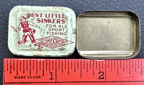 Horrocks Ibbotson HI UTICA Sinkers Antique Advertising Fishing Tin Slide Top Box - Picture 2 of 3