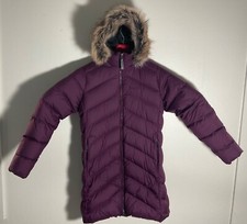 Marmot Child L/G Down Puffer Coat With Faux Fur Hood Purple Chevron Design Ligh