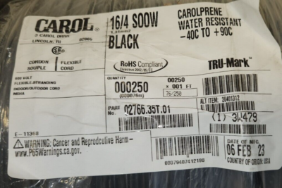 250 ft 16/4 SOOW Flexible Black Rubber Cord Wire Extension Cable 600V CAROL SOW