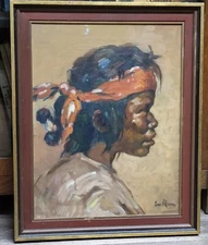 NATIVE AMERICAN NAVAJO INDIAN BOY PAINTING PORTRAIT Oil SIGNED LEO PHILLIP BLANK