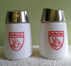 3" RARE Vintage Red Bull Inn Restaurant Salt & Pepper Milk Glass Shaker Set