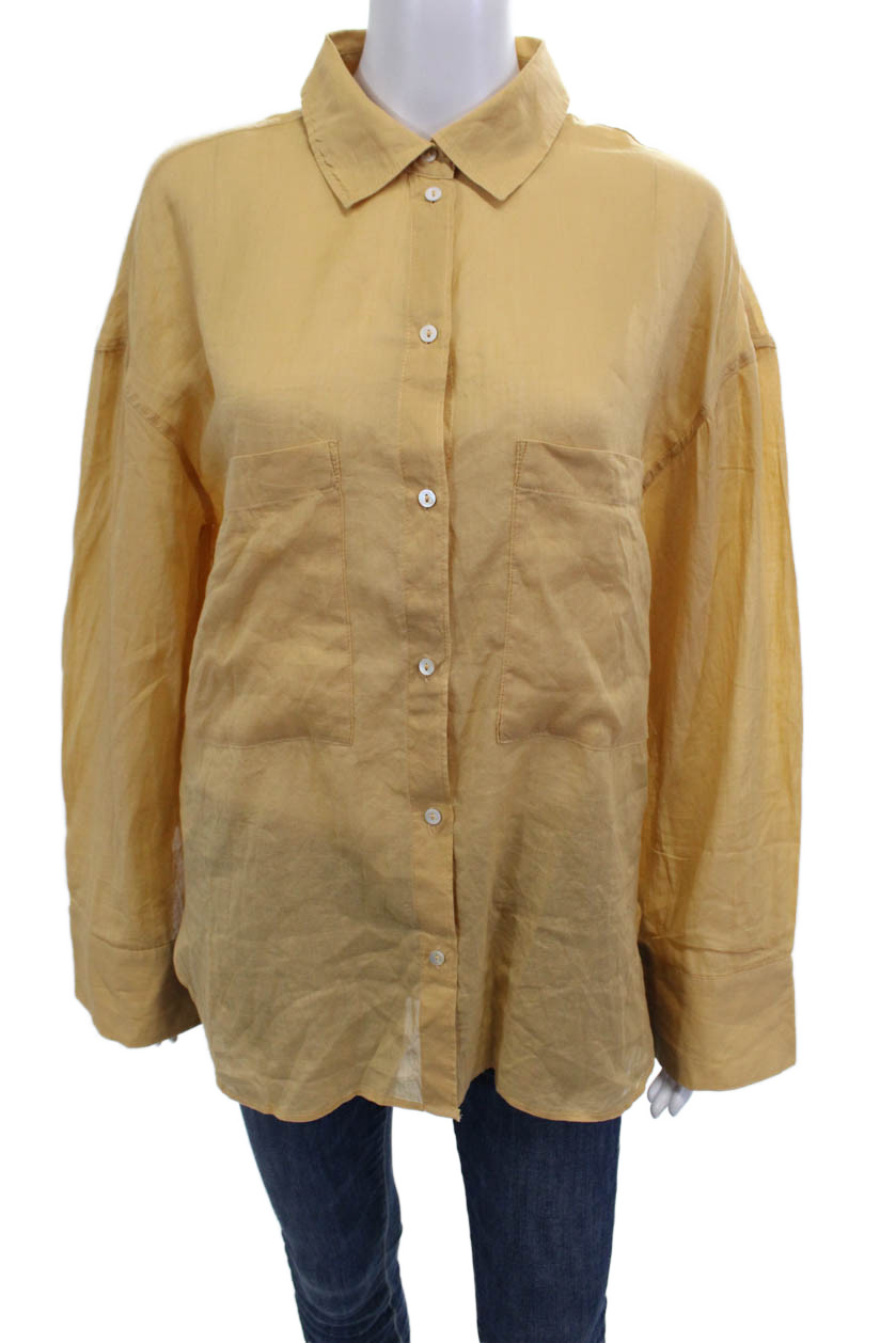 MNG Womens Yellow Basic Button-Up Blouse Collared… - image 1