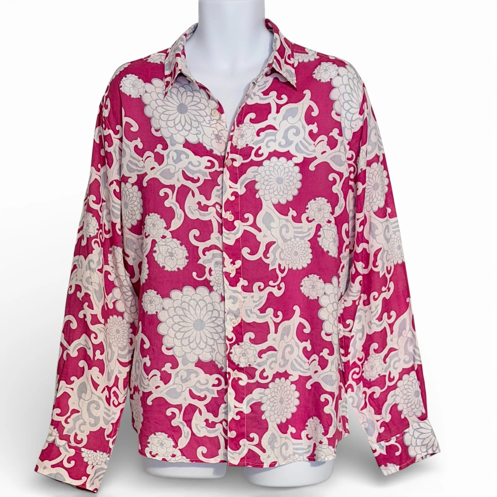 Men's Linen Shirt XL Fuchsia Pink Floral Button Up Lightweight Resort Summer