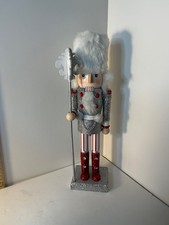 Wooden Nutcracker Red & silver outfit Faux fur hat Holding staff  14” tall