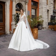 Sheer V-Neck A-Line Satin Wedding Dresses Lace Applique Long Sleeves Bridal Gown