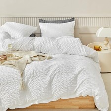 Duvet Cover Set Queen Size, 3pcs Washed Microfiber White Bedding Set, Soft