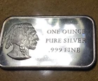 1oz Vintage 1975 Silver Bar AMERICAN INDIAN PORTRAIT & Mini Liberty Bell Reverse