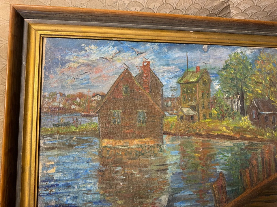 Pintura al óleo grande vintage Meisels "escena de paisaje costero" - firmada y enmarcada Foto 2 de 4