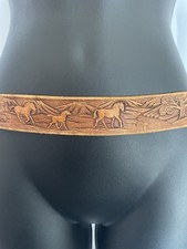 Vintage 70s 90s Worn Brown Wild Horses Mountains Tooled Leather Western Belt 32