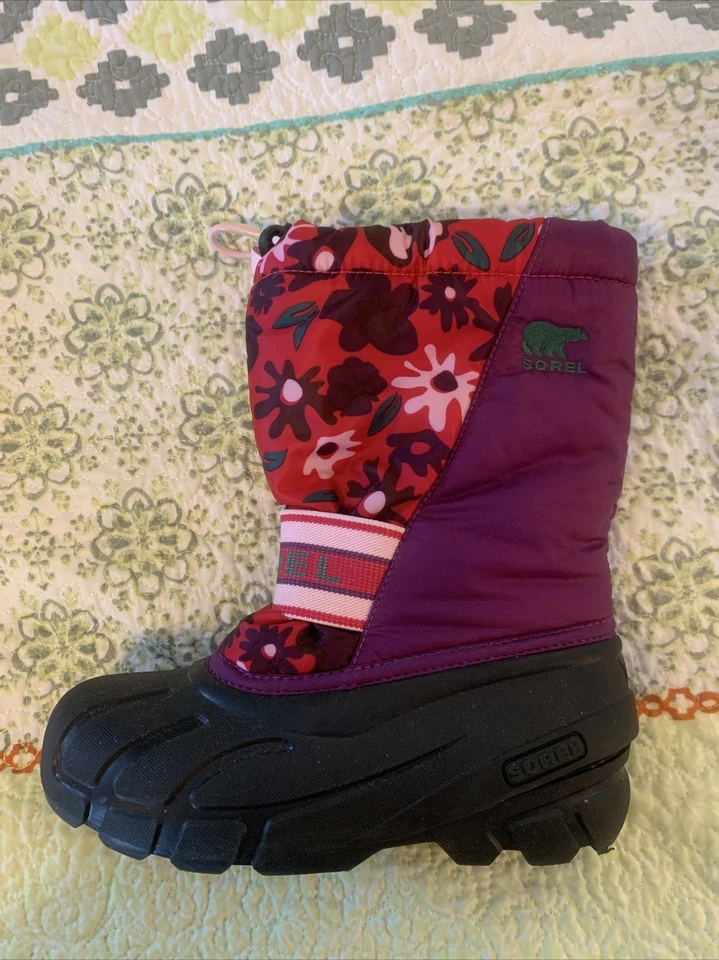 Sorel Girls Snow Boots Size 2 Gently Used Insulated With Pink Floral Pattern - Image 2 of 4