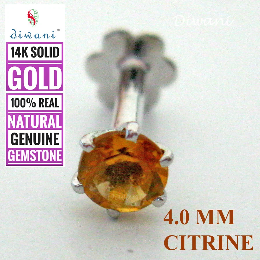 Tornillo perno perno perno de nariz de citrino natural de 4,0 mm labio labret tragus Foto 2 de 4