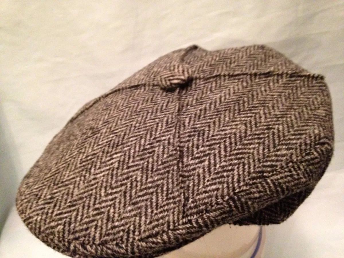 SCOTTISH HARRIS TWEED GREY HERRINGBONE 4 QUARTER SCOTS FLAT CAP DRIVING HAT