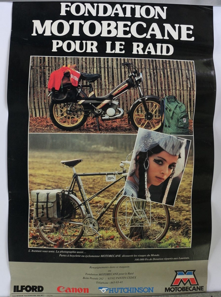 AFFICHE ORIGINALE FONDATION MOTOBECANE MOBYLETTE RAID ILFORD CANON  HUTCHINSON