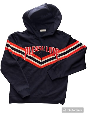 Sandro Paris Hoodie Sweatshirt Stripe Embroidered Please Love Navy USMed/EU SZ 2