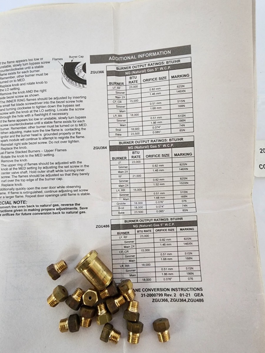 GE Monogram Professional (NG) Conversion Kit Orifices Part