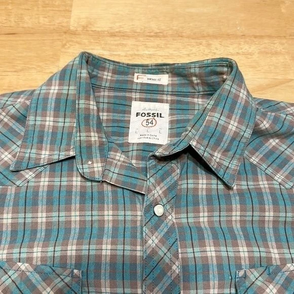 Fossil Casual Button Down Shirt Men’s Large Plaid Simple Snap Button Checkered - Image 4 of 4