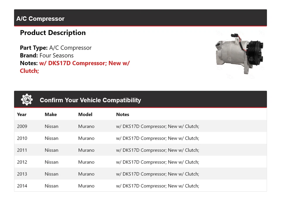 Compresor de aire acondicionado Nissan Murano 2009-2014 4 estaciones 2010 2011 2012 2013 Foto 2 de 4