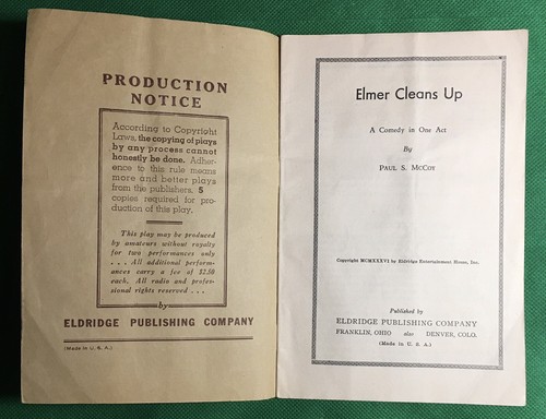 1936 Elmer limpia guión de obra de un acto Eldridge Publishing Paul S. McCoy - Imagen 2 de 4