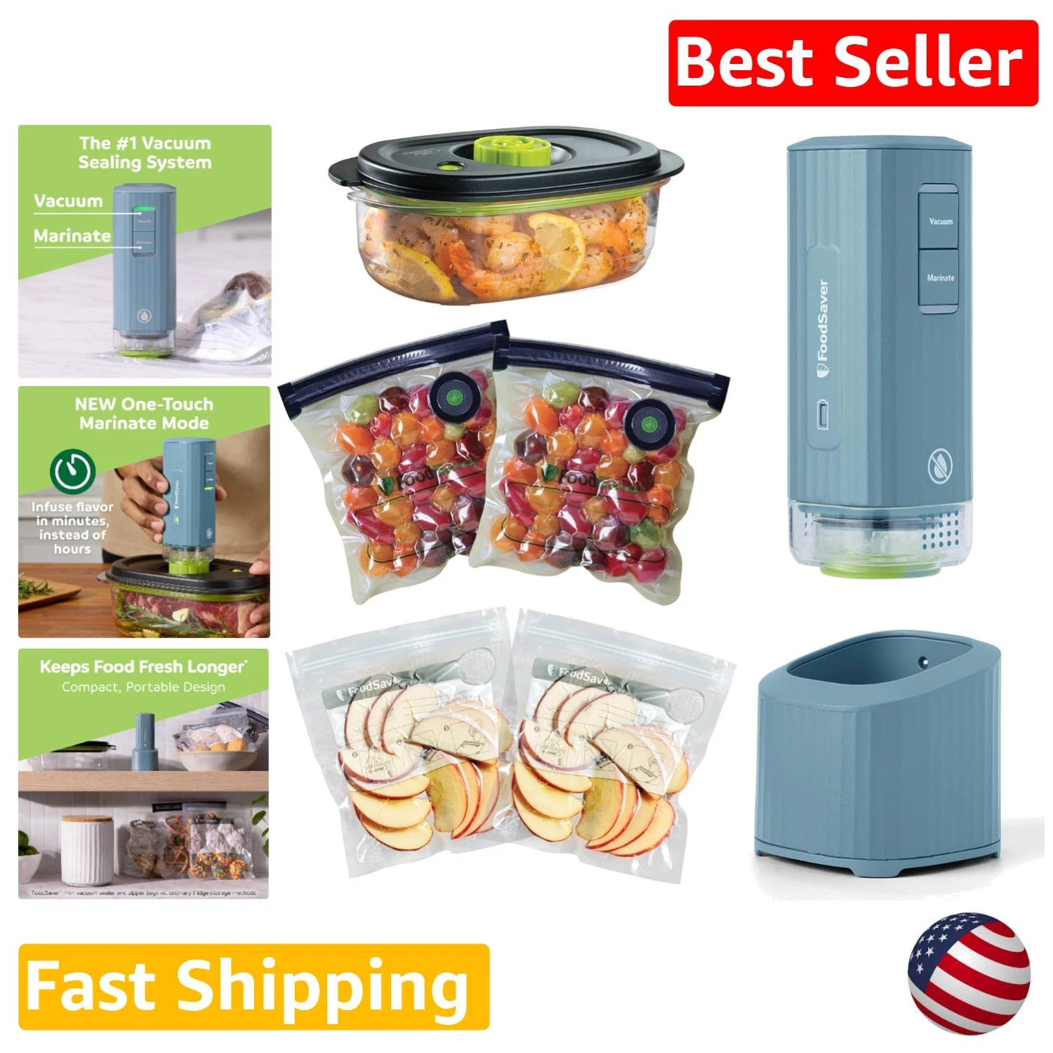 Handheld Vacuum Sealer Blue Long-Lasting Battery Marinate Infuse Food Storage