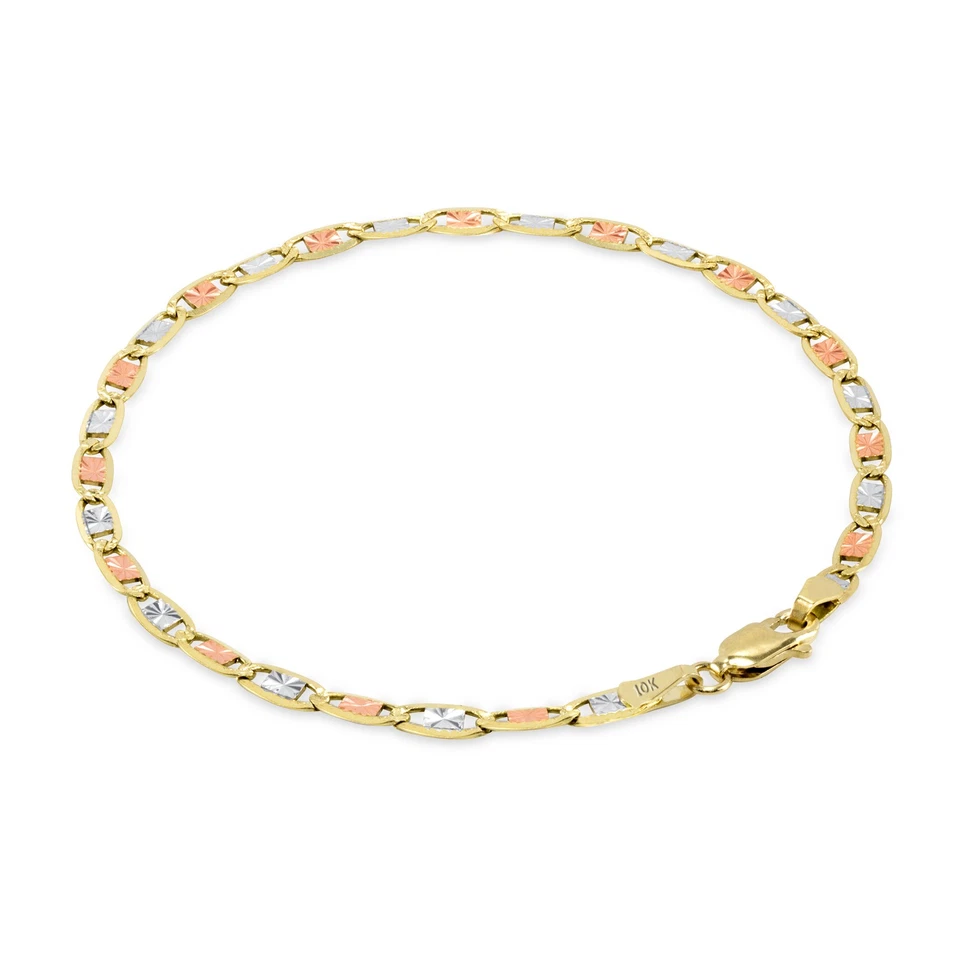 10K Solid Yellow Rose White Tri Gold 3mm Valentino Chain Womens Bracelet 8" - Image 3 of 4