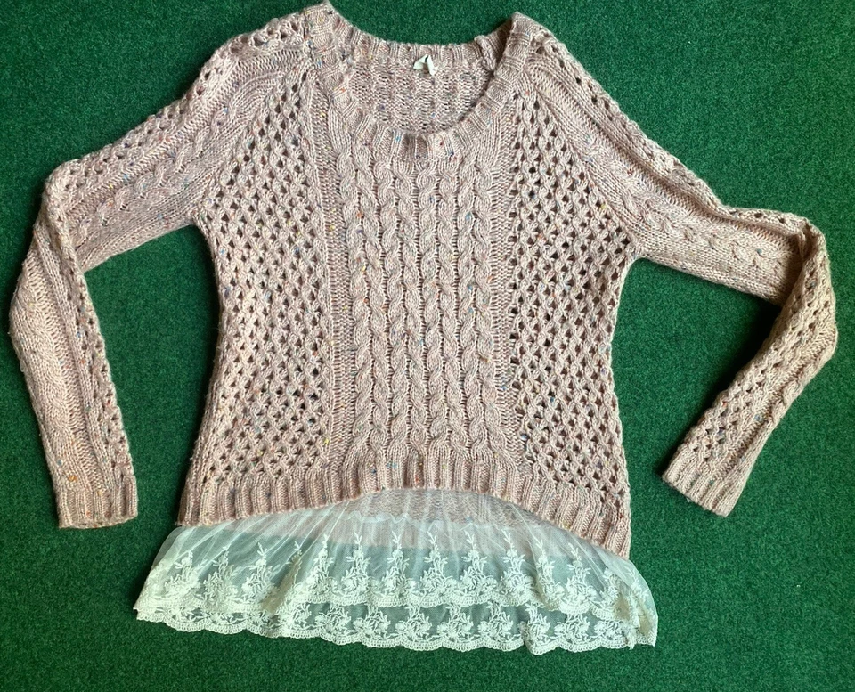 POL Sweater Womens Pink White Lace Trim Open Cable Knit Oversized Sz Medium - Image 2 of 4