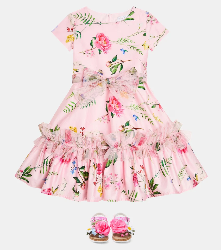 Monnalisa Girl's 10 Floral Cotton Dress Ruffle Tulle Pink Fairytale Cap Sleeve - Image 4 of 4