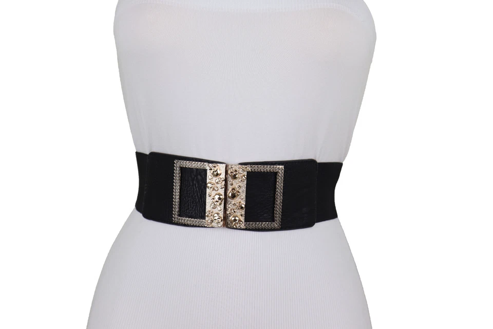 Women Black Elastic Casual Style Fashion Belt Gold Metal Skull Buckle Size S M - Image 3 of 4