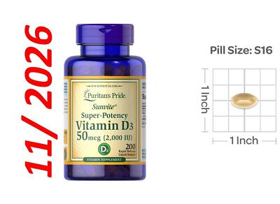 Vitamin D3 2000 IU D 200 Softgels pill Super-Potency MADE USA Expiration 10/2026