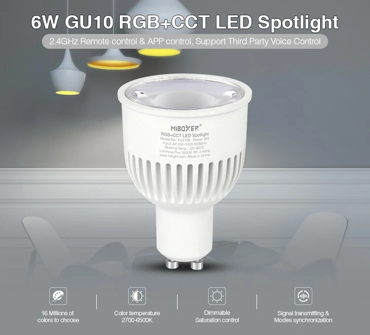 Mi·Light GU10 WiFi 4W /6W RGB+CCT LED Spotlight Multi Color+White Dimmable Bulb - Image 4 of 4