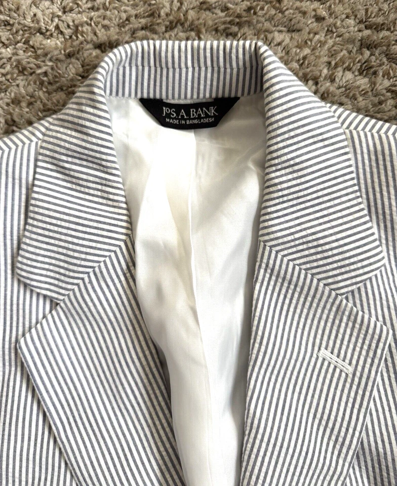 Jos. A. Bank 泡泡纱运动外套夹克男式 39R 白色蓝色棉质 2 按钮 — 第 4/4 张图片